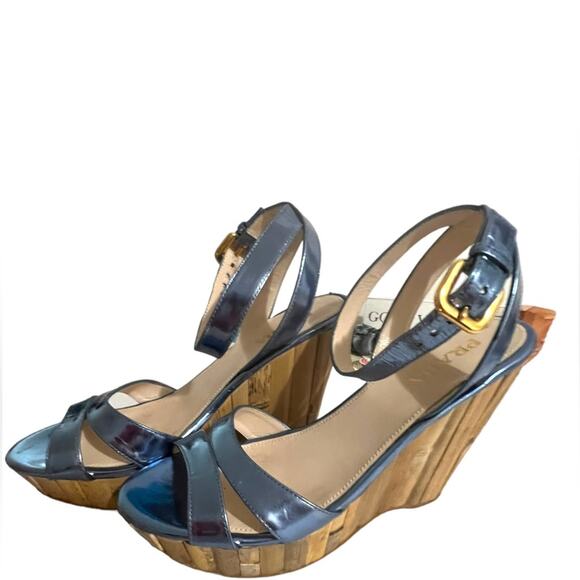Prada Blue Metallic Leather Platform Wedge Sandal Size 7 or 37 EU - Picture 7 of 17